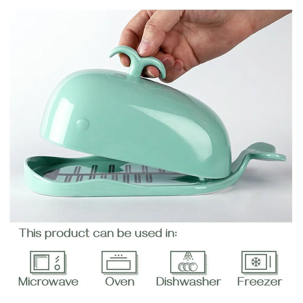 Ceramic Butter Dish with Lid Handle Measuring Line - Large Turquoise Whale.