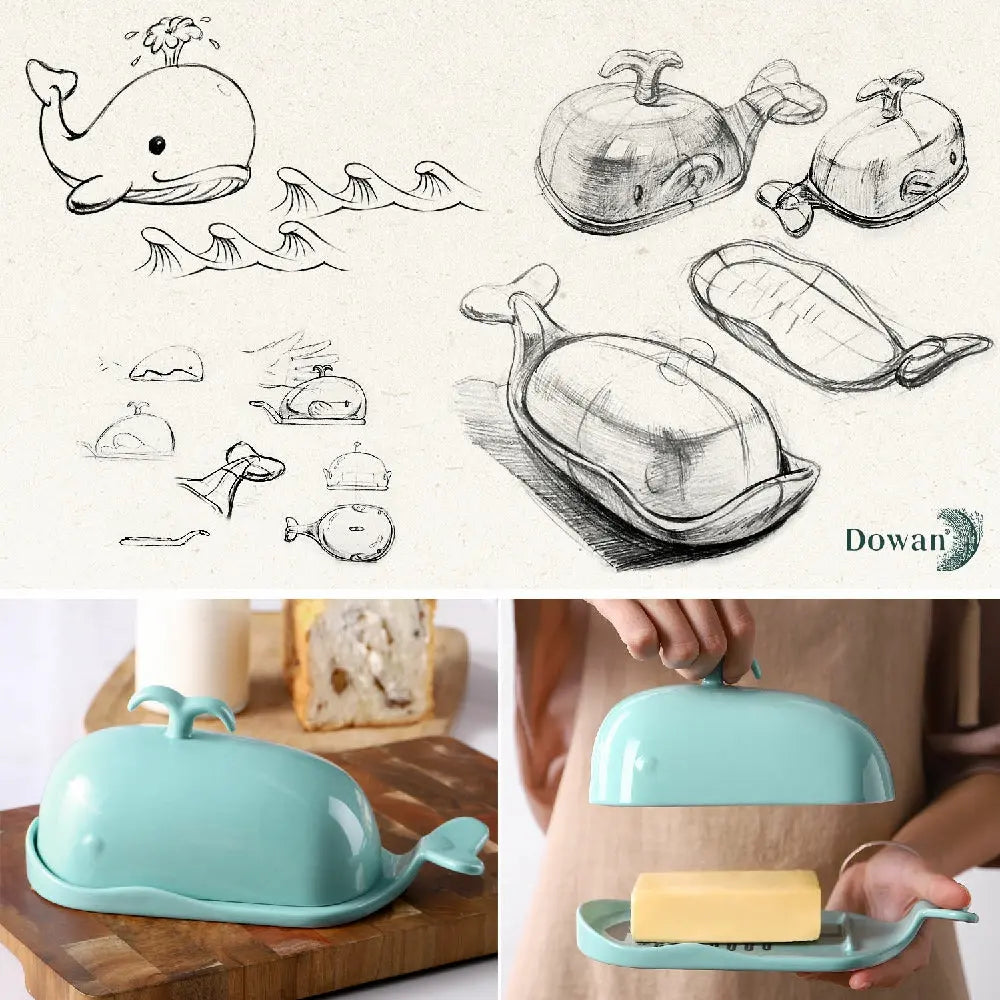 Ceramic Butter Dish with Lid Handle Measuring Line - Large Turquoise Whale.