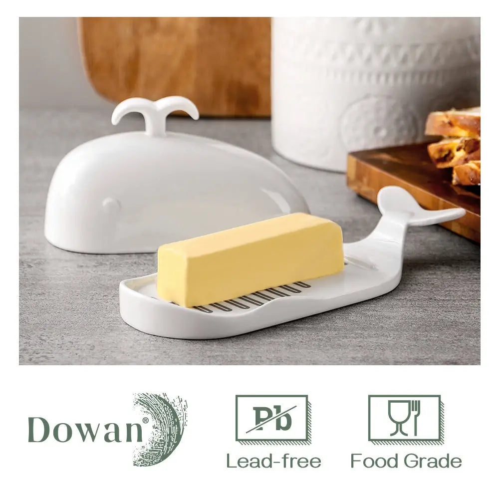 Ceramic Butter Dish with Measurement Line and Lid  - White Dolphin.