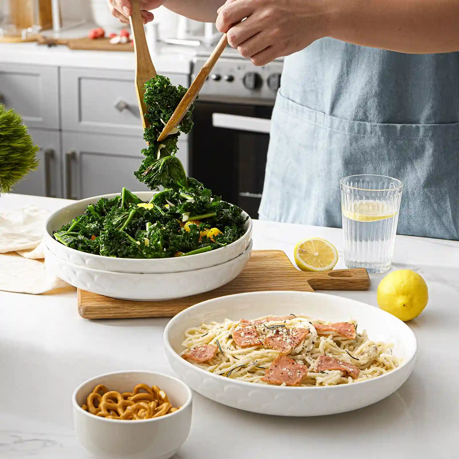 Wedding White Porcelain Textured Large Pasta Bowls - Set of 4 - Thumbnail 4