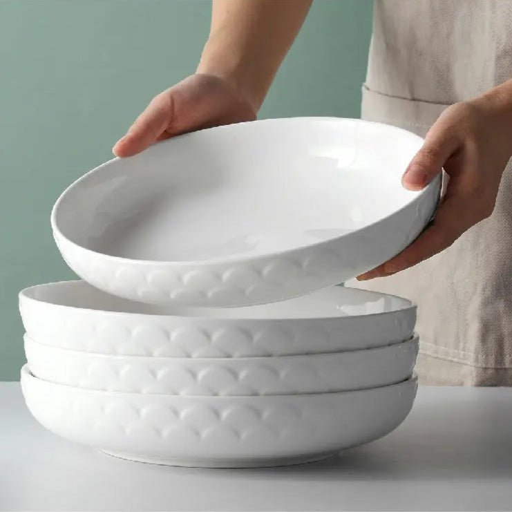 Wedding White Porcelain Textured Large Pasta Bowls - Set of 4 - Thumbnail 2