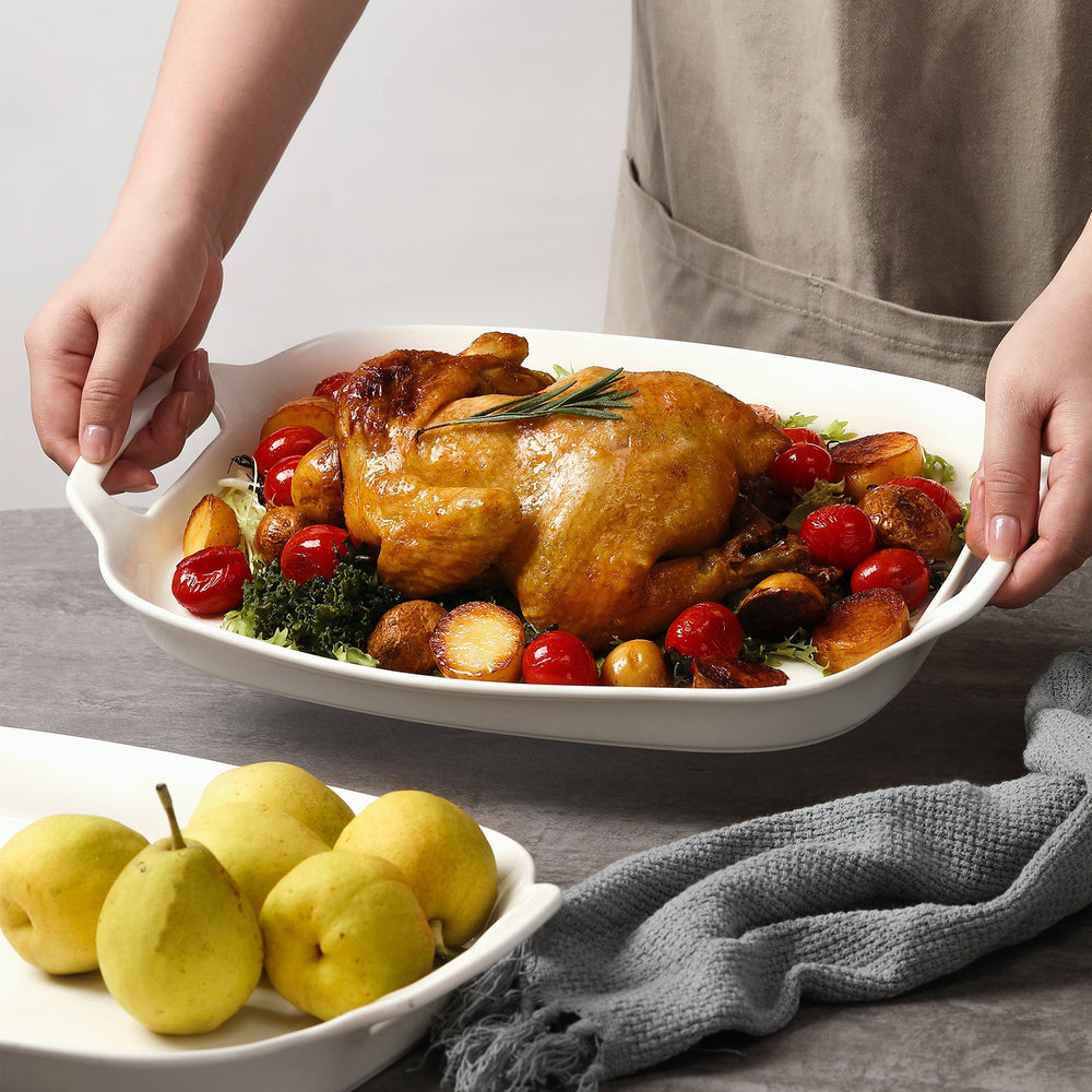 Wedding White Porcelain Serving Platters with Handles - Set of 2 - Dinnerware