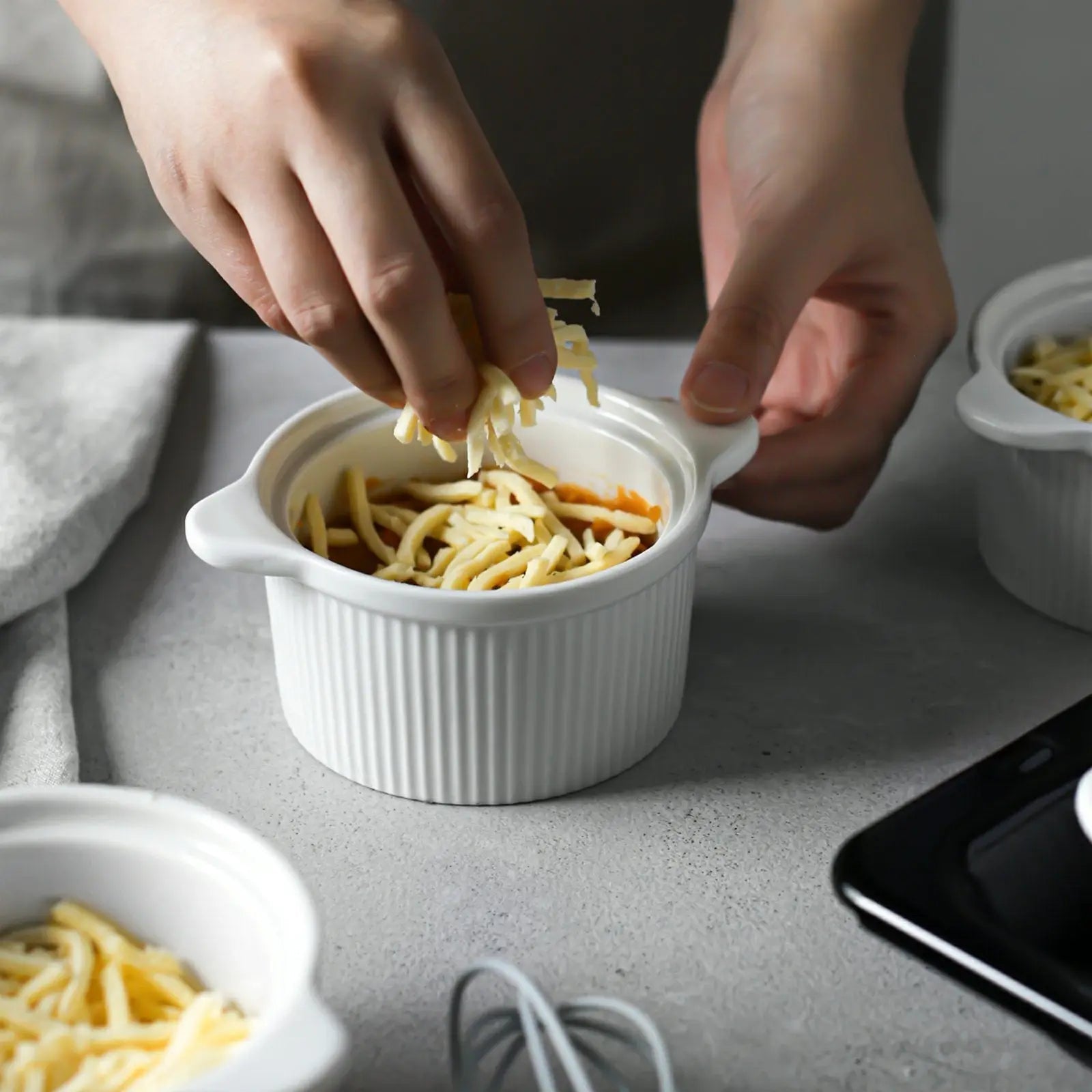 Wedding White Porcelain Ramekins with Handles & Lids - Thumbnail 4