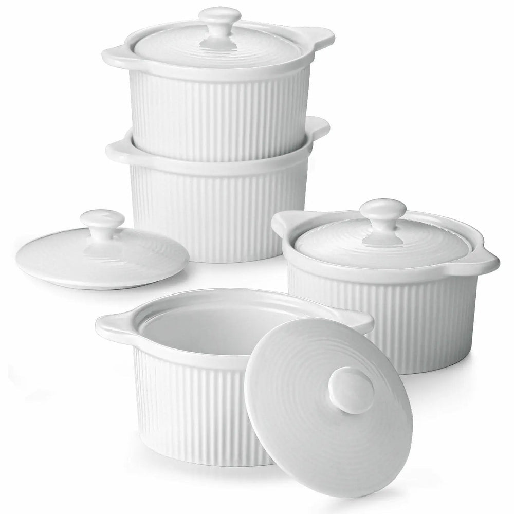 Wedding White Porcelain Ramekins with Handles & Lids - Set of 4 - Bakeware